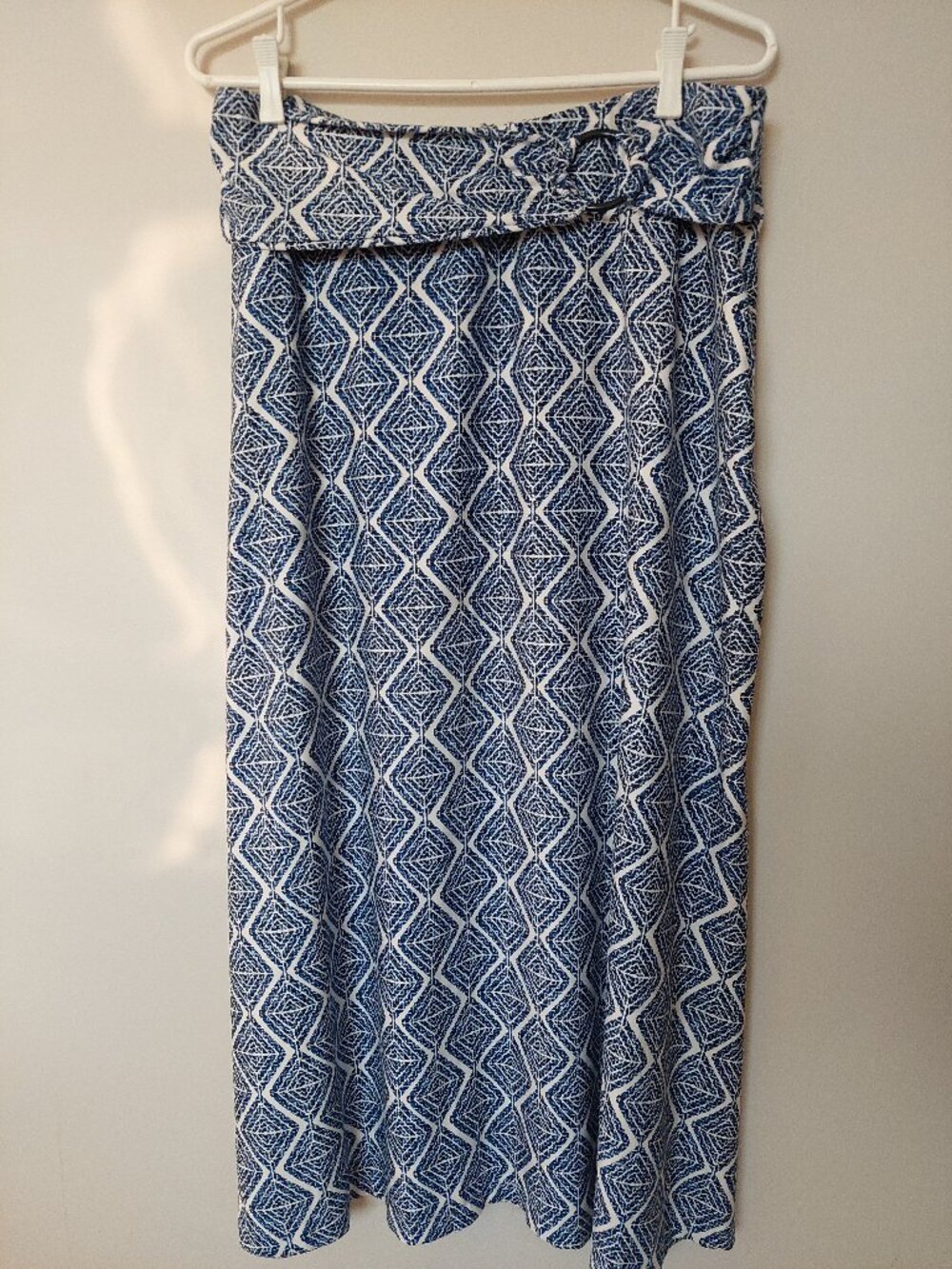 Robert Louis Navy Blue White Pattern Maxi Belted Skirt Size L